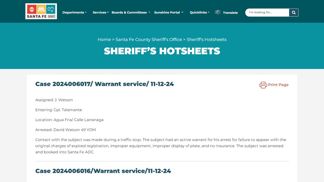 Sheriff’s Hotsheets | Santa Fe County